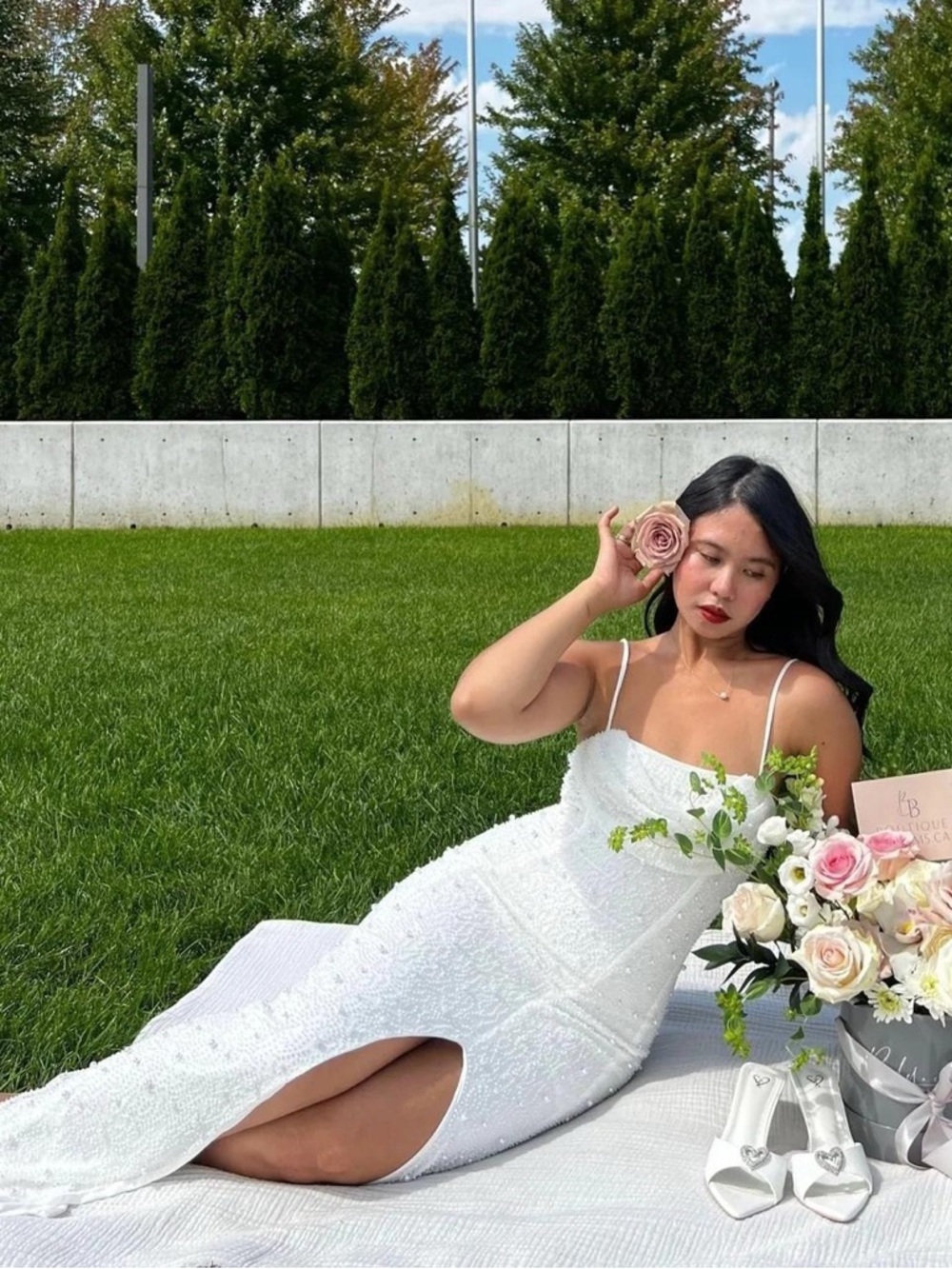 Windsor White Beaded Cowl Neck Maxi Dress with Side Slit